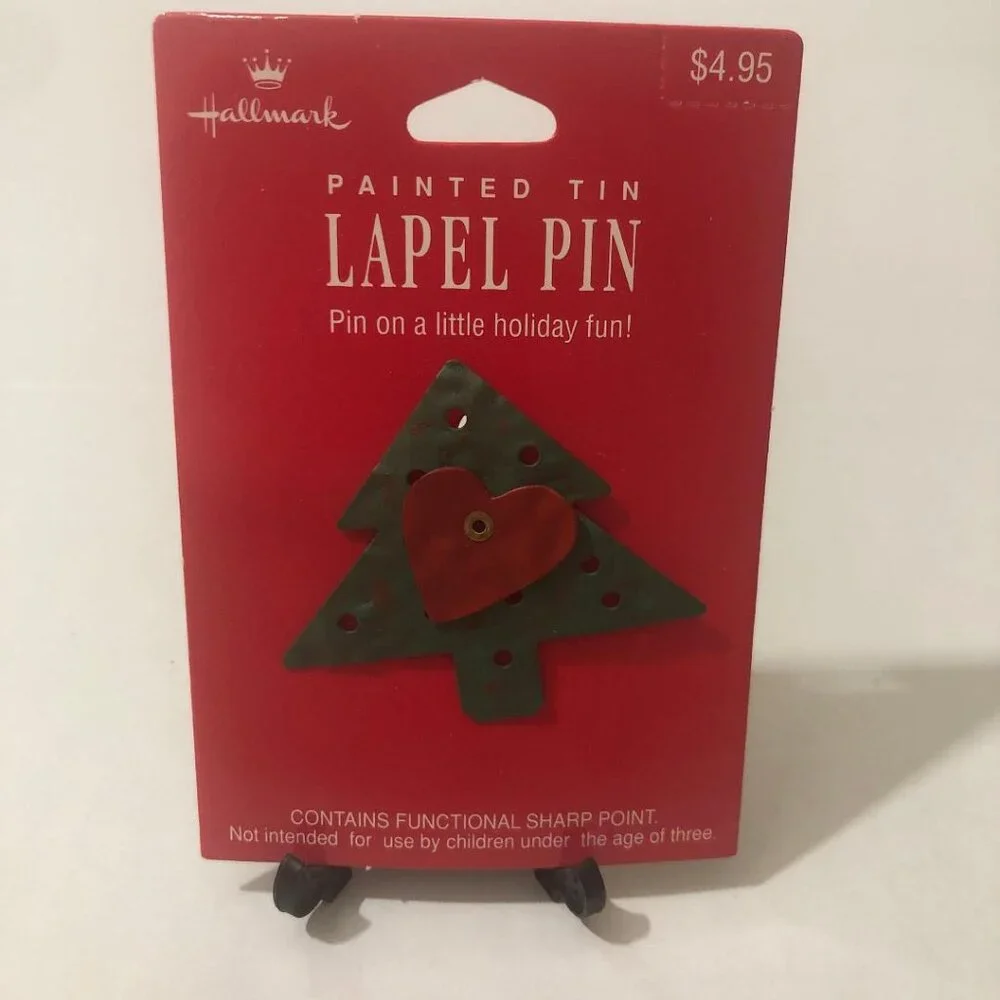 Vintage Hallmark Pained Tin Red Heart Christmas Tree Lapel Pin Brooch Rustic